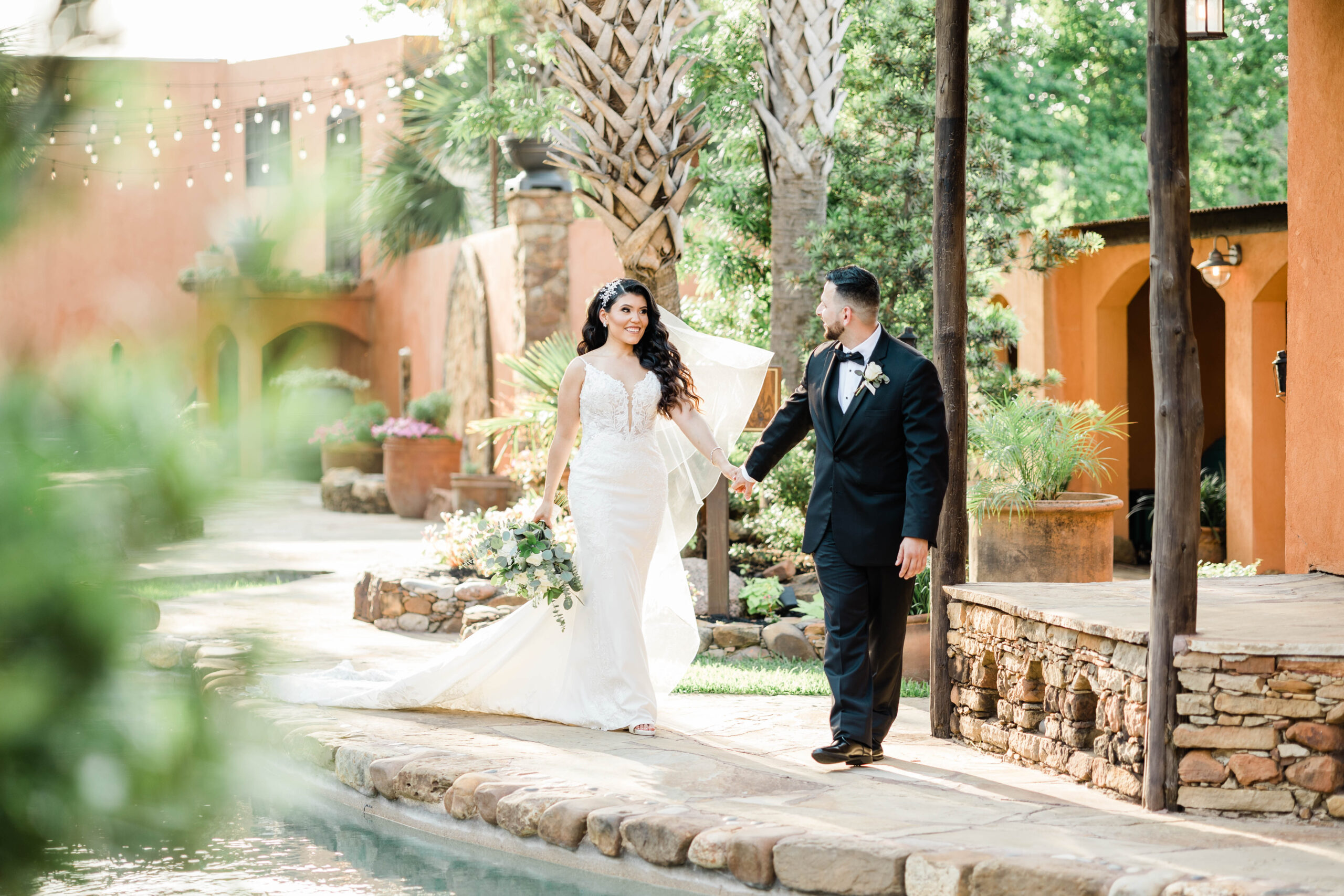 "Spanish-influenced bridal suite in Memorial, Texas, designed for a luxurious Venezuelan wedding experience."